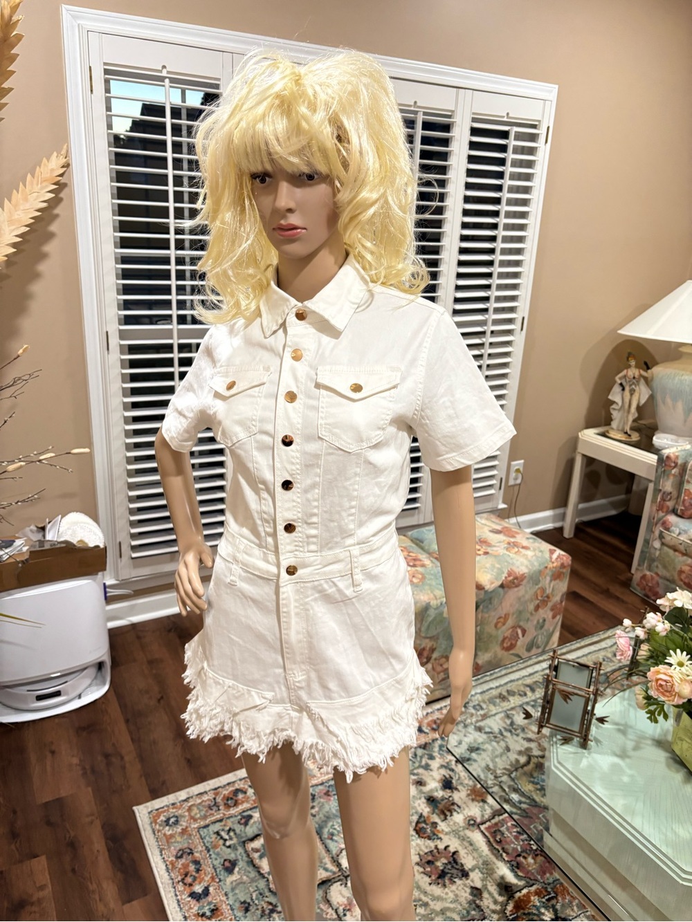 Fashion Nova Cream Button-Front Frayed-Hem Mini Dress